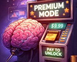 Illustration of a human brain connected to a software dashboard labeled “Premium Mode,” symbolizing frustration with subscription-based automation tools and loss of creative control.