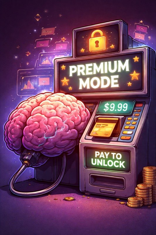 Illustration of a human brain connected to a software dashboard labeled “Premium Mode,” symbolizing frustration with subscription-based automation tools and loss of creative control.