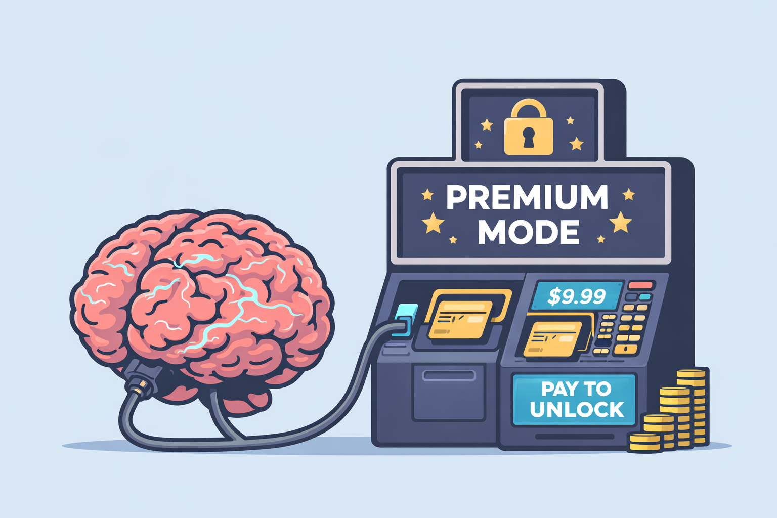 Illustration of a human brain connected to a software dashboard labeled “Premium Mode,” symbolizing frustration with subscription-based automation tools and loss of creative control. WordPress.