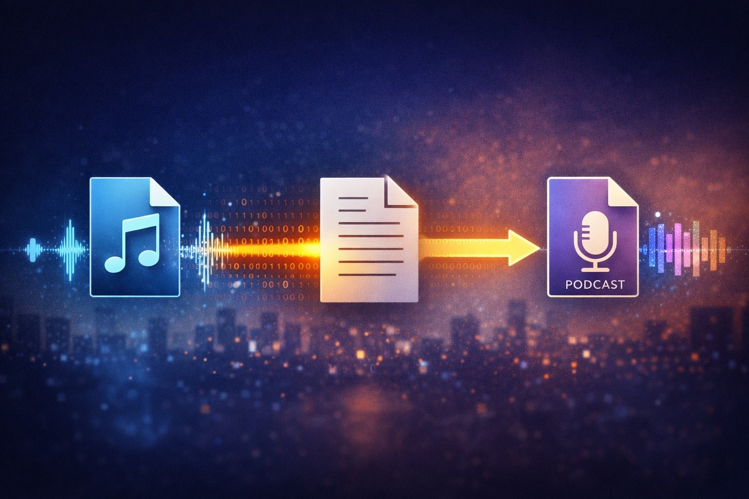 Illustration showing audio sound waves transforming into binary data and then into text and media files, representing a local, privacy-first audio-to-text publishing workflow.